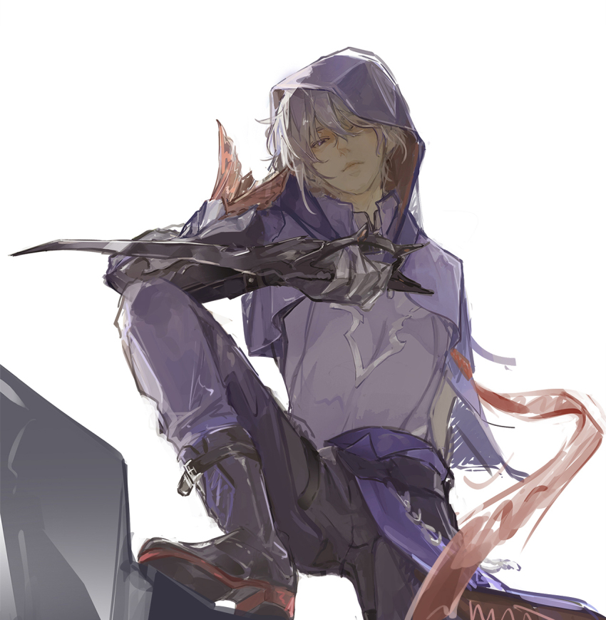 1boy black_boots boots capelet chinese_commentary chuantangfeng_draft commentary dagger from_below hair_over_one_eye head_tilt highres holding holding_dagger holding_knife holding_weapon honkai:_star_rail honkai_(series) hood hood_up hooded_capelet knife leg_up looking_at_viewer looking_down male_focus moze_(honkai:_star_rail) one_eye_covered pants purple_capelet purple_eyes purple_pants purple_shirt reverse_grip shirt short_hair simple_background solo weapon white_background white_hair