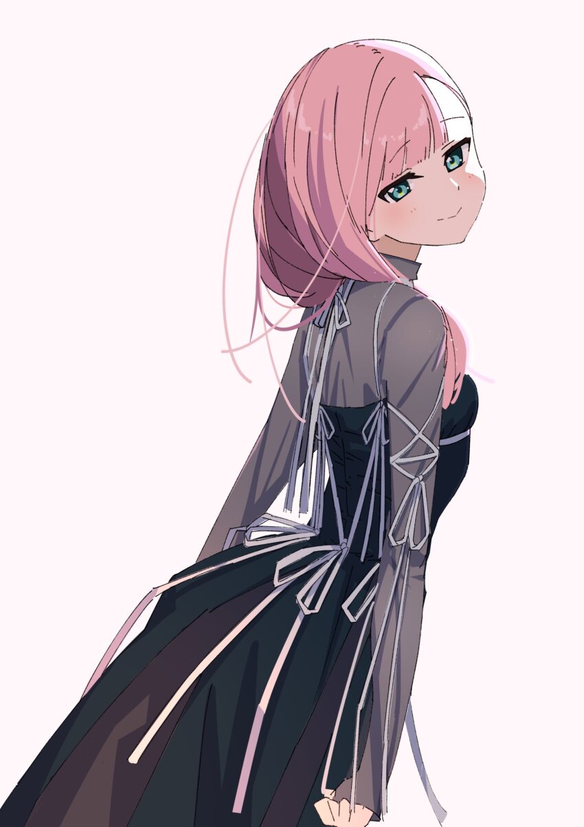 1girl 22/7 asymmetrical_bangs ato_de_wakaru_koto black_dress blunt_bangs dress dutch_angle from_behind furumoto green_eyes highres kamiki_mikami long_hair looking_back pink_hair ribbon see-through_clothes see-through_dress simple_background solo white_background white_ribbon