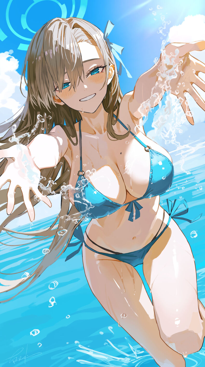 1girl absurdres asuna_(blue_archive) bare_arms bikini blue_archive blue_bikini blue_eyes blue_halo blue_ribbon blue_sky blush breasts brown_hair cleavage cloud cloudy_sky commentary_request day dutch_angle floating_hair front-tie_bikini_top front-tie_top hair_ribbon halo highres large_breasts long_hair looking_at_viewer maria_(maria_rose) mole mole_on_breast o-ring o-ring_bikini o-ring_top ocean outdoors outstretched_arms ribbon side-tie_bikini_bottom sky smile solo splashing standing standing_on_one_leg swimsuit thighs v-neck very_long_hair wading water wet