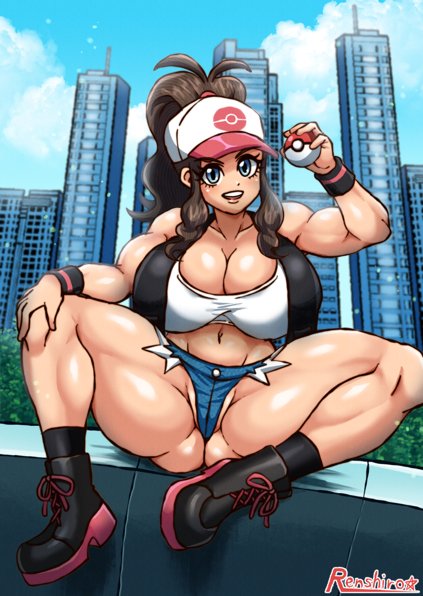 1girl adapted_costume bare_shoulders baseball_cap black_boots black_socks black_vest blue_eyes blue_sky boots breasts brown_hair city cleavage crop_top day denim denim_shorts full_body game_freak gluteal_fold hat hilda_(pokemon) holding holding_poke_ball huge_breasts long_hair muscular muscular_female nintendo open_mouth outdoors poke_ball pokemon pokemon_bw ponytail short_shorts shorts sidelocks sitting sky smile socks solo spread_legs thick_thighs thighs tonshirou_(christar) vest wristband