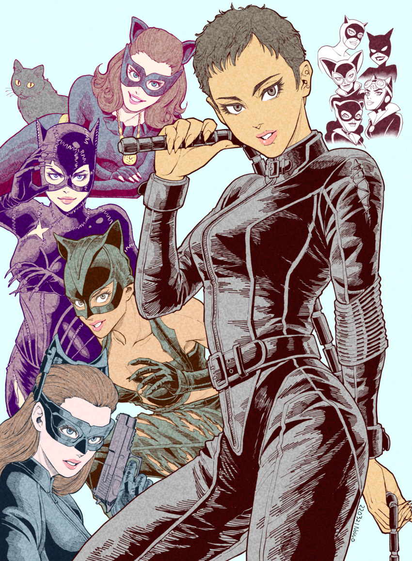 6+girls absurdres animal_ears batman:_the_animated_series batman:_the_brave_and_the_bold batman_(series) black_bodysuit black_eyes black_gloves black_hair blue_background blue_eyes bodysuit breasts brown_hair cat cat_ears catwoman catwoman_(movie) dark-skinned_female dark_skin dc_comics gloves gun handgun harley_quinn_(cartoon) highres holding holding_gun holding_weapon holding_whip long_hair mask masutatsu_novuo medium_breasts multiple_girls multiple_persona parted_lips pistol selina_kyle smile the_batman_(2022) the_batman_(cartoon) the_dark_knight_rises weapon