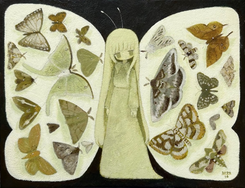 1girl antennae bug butterfly dress expressionless full_body green_eyes green_hair insect ju6mei long_hair moth original solo traditional_media very_long_hair wings