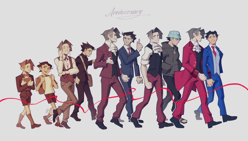 2boys absurdres ace_attorney age_progression aged_down anniversary arguing ascot backpack bag baggy_pants beanie black_hair black_jacket black_pants bllmak blue_jacket blue_pants blue_suit boots bow bowtie brown_hair child closed_eyes closed_mouth coat collared_shirt curtained_hair earphones everyone evolutionary_line formal_clothes grey_hair grey_hoodie grey_sweater hand_in_pocket happy hat highres holding holding_hands hood hoodie implied_yaoi jacket jewelry locket long_sleeves looking_at_another male_focus middle_finger miles_edgeworth multiple_boys multiple_persona necktie open_mouth pants pendant phoenix_wright red_jacket red_necktie red_pants red_suit school_uniform shirt shoes short_hair shorts sleeves_rolled_up smile spiked_hair standing string string_of_fate suit sweater tail vest walking white_shirt