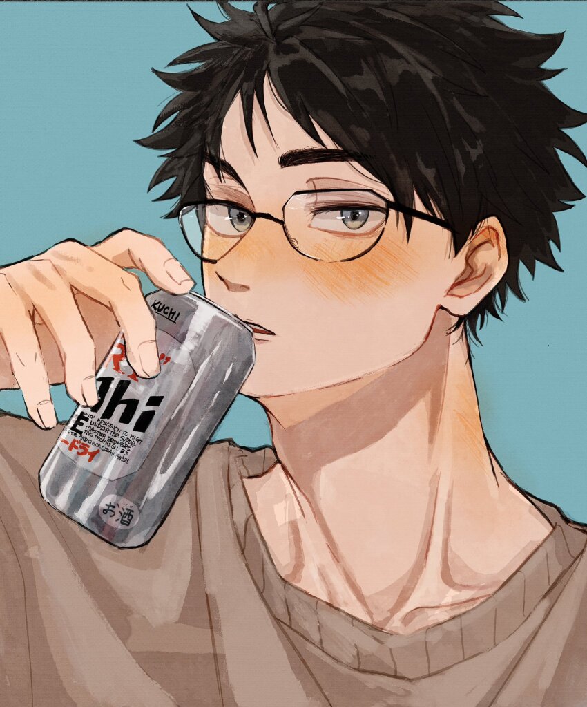 1boy adam&#039;s_apple akaashi_keiji alcohol asahi_breweries beer beer_can black-framed_eyewear black_hair blue_background blush brown_sweater can drink_can fingernails glasses grey_eyes haikyuu!! highres holding holding_can ilst_prac_hq looking_at_viewer male_focus portrait semi-circular_eyewear shirt short_hair simple_background solo sweater teeth