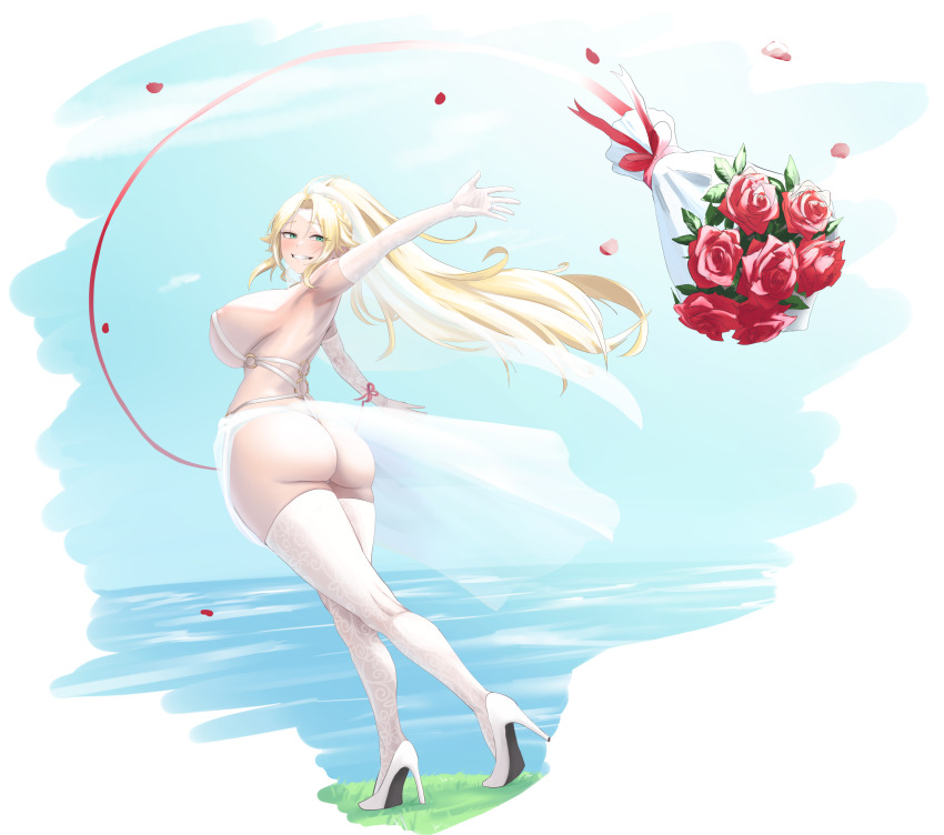 1girl absurdres armpits ass back barbariana_(last_origin) blonde_hair blue_eyes blue_sky bouquet breasts bridal_veil bride curvy dryseaweed elbow_gloves flower from_behind gloves high_heels high_ponytail highres huge_breasts last_origin long_hair mature_female outdoors ponytail revealing_clothes sky thighhighs thighs veil water white_footwear white_gloves