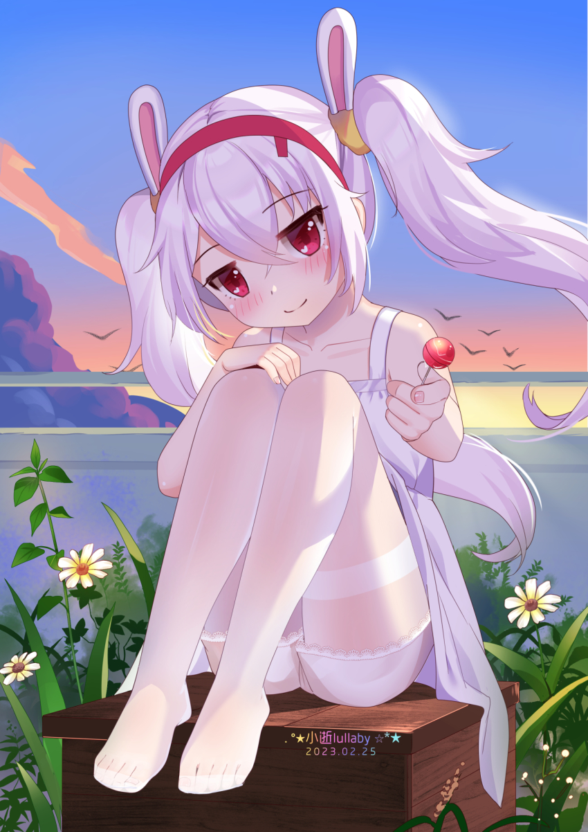 1girl animal_ears artist_name azur_lane box candy chinese_commentary closed_mouth collarbone commentary_request crossed_bangs dated dress evening fake_animal_ears feet food giving giving_food hair_between_eyes head_tilt highres holding holding_candy holding_food holding_lollipop jitome knees_up laffey_(azur_lane) legs legs_together light_purple_hair lollipop long_hair looking_at_viewer no_shoes on_box outdoors pantyhose rabbit_ears red_eyes sidelocks sitting sitting_on_box sky smile solo sundress sunset thighband_pantyhose thighs toes twintails underwear white_dress white_pantyhose wooden_box xiao_shi_lullaby