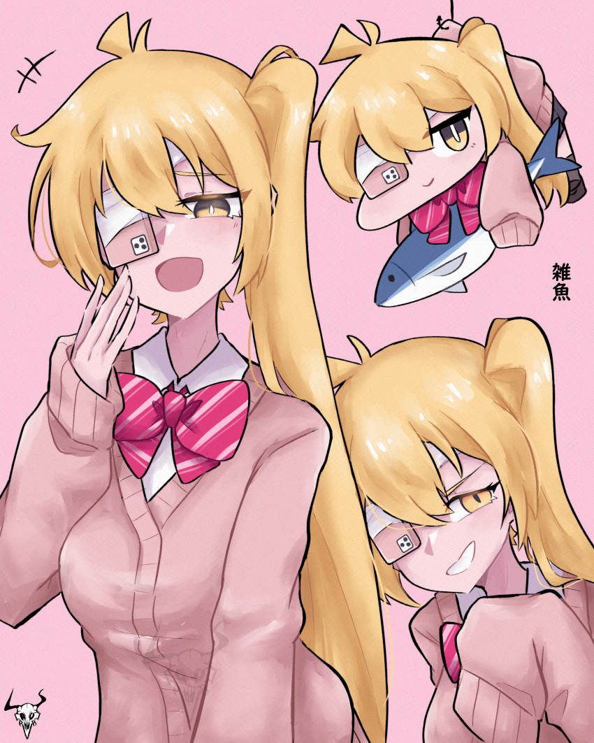 1girl :d absurdres akita_neru blonde_hair cardigan collared_shirt cosplay fang hair_between_eyes highres laphurus long_hair long_sleeves looking_at_viewer open_mouth pink_background pink_cardigan ruru_(shinsei_kamattechan) ruru_(shinsei_kamattechan)_(cosplay) shinsei_kamattechan shirt simple_background sleeves_past_wrists smile solo sweater upper_body white_shirt yellow_eyes zako_(vocaloid)