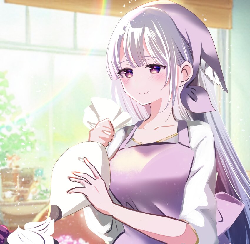 1girl absurdres alternate_costume apron azusa_(azchemist63) baking blush cream fire_emblem fire_emblem:_genealogy_of_the_holy_war grey_hair highres holding julia_(fire_emblem) long_hair nintendo purple_apron purple_eyes smile solo