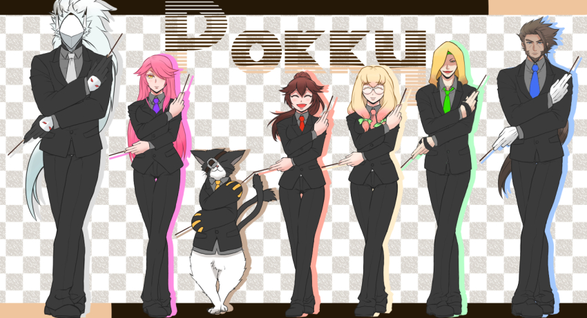 3girls 4boys arc_system_works artist_request blazblue blazblue_phase_0 blonde_hair blue_eyes blush breasts brown_hair cat celica_a._mercury dark_skin eyepatch closed_eyes facial_hair formal_clothes glasses gloves green_hair hair_over_one_eye hakumen hood jubei_(blazblue) konoe_a._mercury large_breasts long_hair looking_at_viewer mask multiple_boys multiple_girls multiple_tails necktie open_mouth pink_hair pocky ponytail short_hair silver_hair smile suit tail trinity_glassfield valkenhayn_r_hellsing very_long_hair yellow_eyes aged_down yuuki_terumi