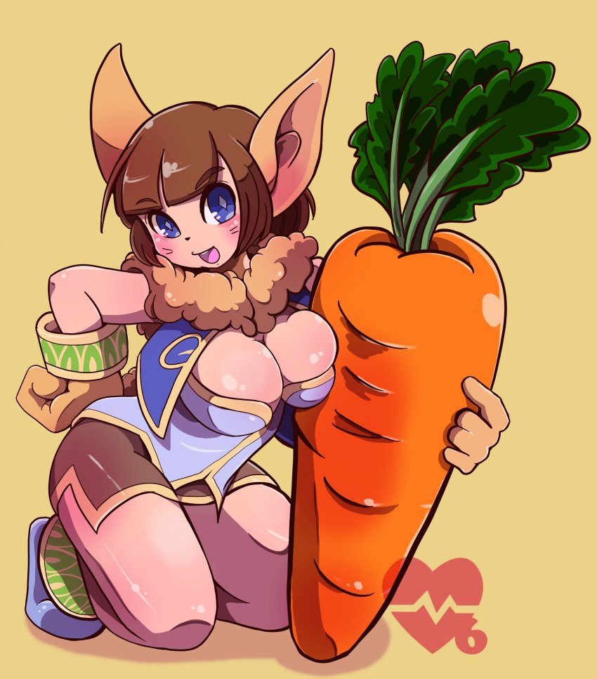 1girl absurdres animal_ears animal_hands blue_eyes breasts brown_hair chrono_cross cinnamon6 cleavage cleavage_cutout clothing_cutout full_body fur gloves highres janice_(chrono_cross) looking_at_viewer monster_girl open_mouth rabbit_ears short_hair simple_background smile solo tail white_background