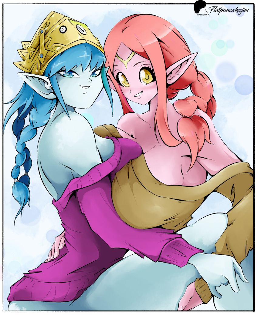 2girls aeos aeos_(dragon_ball) alternate_costume alternate_hairstyle blue_hair blue_skin braid braided_ponytail breasts breasts_squeezed_together chronoa cleavage colored_skin dragon_ball dragon_ball_heroes flatpancakesjim highres holding_hands large_breasts lifting_person multiple_girls orange_hair pink_skin pointy_ears pressing_breast_on_partner super_dragon_ball_heroes supreme_kai_of_time sweater thick_thighs thighs