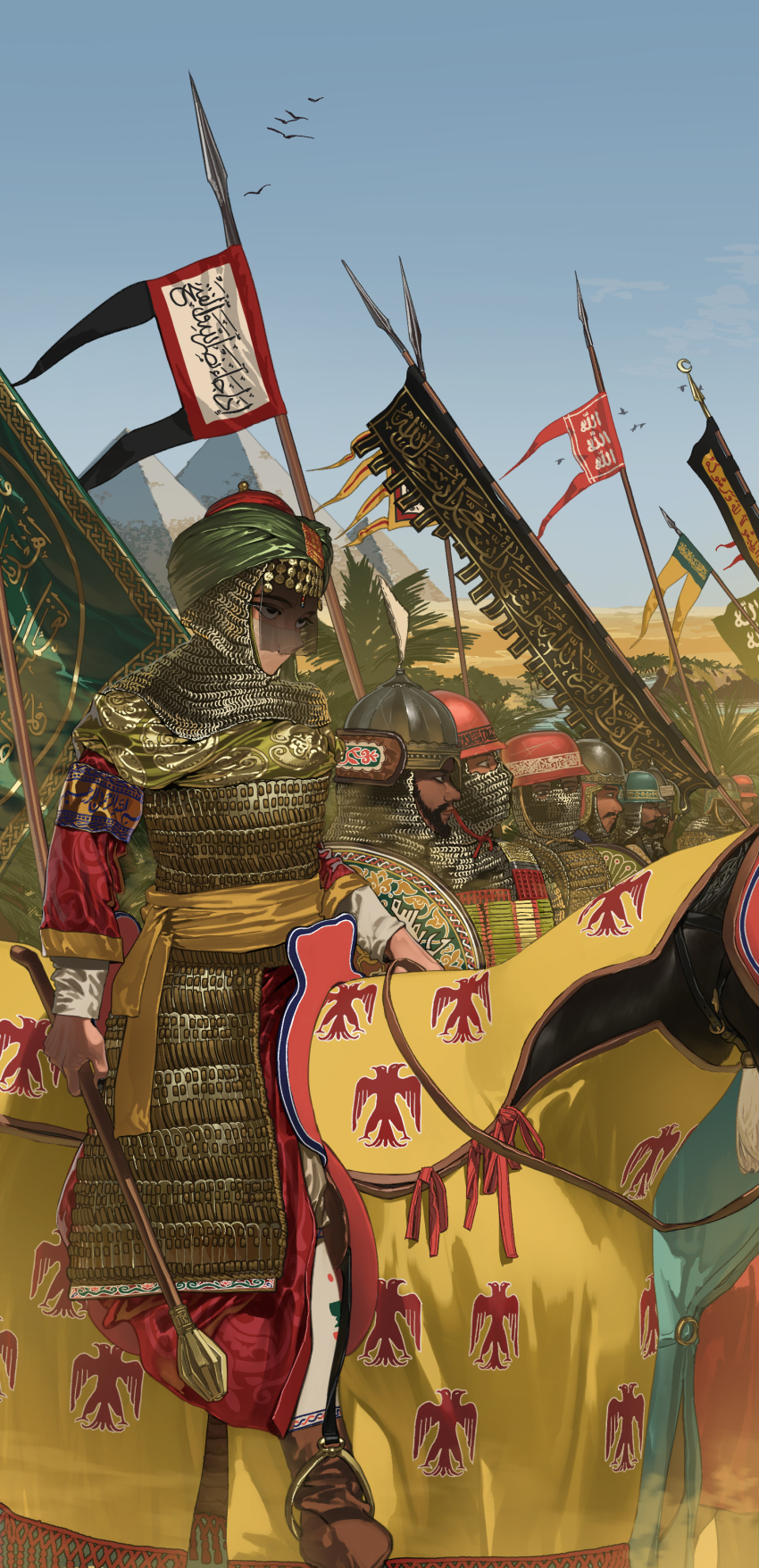 1girl absurdres ancient_egyptian_architecture arabian_clothes arabic_text arm_shield armor army banner battle_standard bird black_veil blue_sky building cavalry chainmail cloud commentary day egypt facial_hair flag flanged_mace great_pyramid_of_giza headpiece helmet highres holding holding_mace holding_reins holding_shield holding_weapon horse horseback_riding islam lamellar_armor mace medieval multiple_boys original outdoors polearm pyramid pyramid_(structure) pzkpfwi reins riding saddle see-through_clothes see-through_veil shield sky spear stirrups_(riding) tree veil war_banner weapon