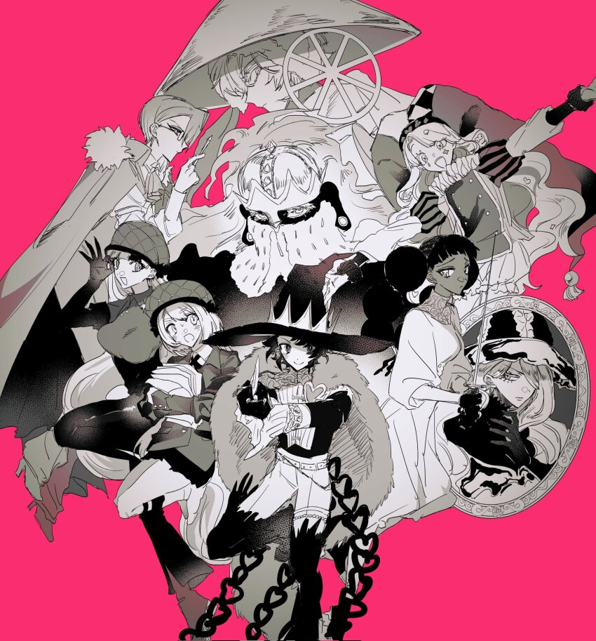 1boy 5girls black_hair boots braid breasts checkered_clothes checkered_hat checkered_pantyhose chikutoge_togeice closed_mouth club_(shape) dark-skinned_female dark_skin desscaras diamond_(shape) double_bun earrings glasses gloves hair_bun hat highres holding holding_knife holding_staff ichi_(madan_no_ichi) jacket jester jester_cap jewelry jikishirone king_uroro knife kumugi_(madan_no_ichi) long_hair long_sleeves looking_at_viewer madan_no_ichi mage_staff monegold monochrome multicolored_hair multiple_girls neck_ruff open_mouth pants pantyhose pink_background puffy_sleeves ribbon scarf shirabedonna shirt short_hair simple_background skirt smile spade_(shape) staff streaked_hair striped_clothes striped_headwear striped_pantyhose tail twintails vertical-striped_clothes vertical-striped_headwear weapon witch world-hater_majik yuyu_(a07161092)