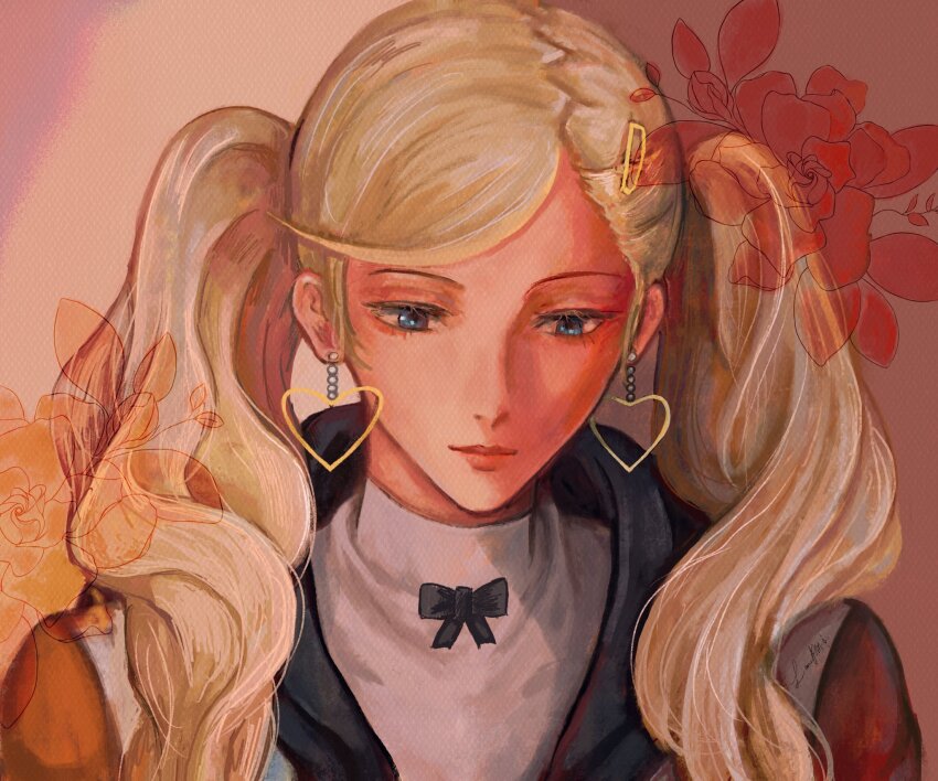 1girl blonde_hair blue_eyes commentary double_exposure earrings flower hair_ornament hairclip heart heart_earrings highres jewelry lana_rm7 persona persona_5 persona_5_the_royal portrait signature solo takamaki_anne twintails