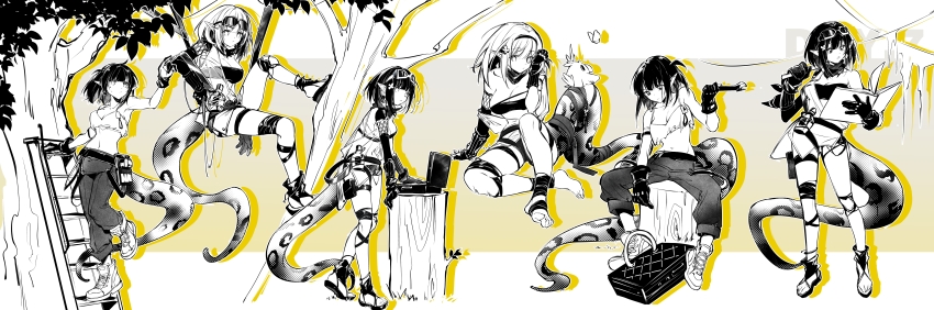 1girl absurdres animal_on_tail arknights bird book breasts bug butterfly cleavage climbing_ladder climbing_tree crop_top elite_ii_(arknights) eunectes_(arknights) eunectes_(forgemaster)_(arknights) eyewear_on_head full_body fy_fei_xiao_ya gloves heel_up high_priest_(arknights) highres holding holding_book holding_wrench insect leaf looking_at_viewer looking_down medium_breasts multiple_persona no_shoes on_ground pants pointy_ears pouch reading shoes sitting snake_tail spread_legs stairs standing strapless tail thigh_pouch thigh_strap toeless_footwear tree tube_top wrench