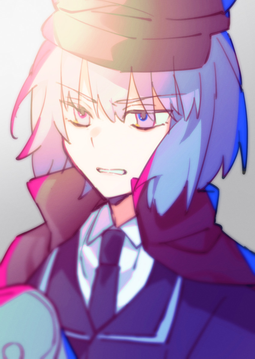 1girl absurdres black_headwear black_jacket black_necktie clenched_teeth collared_shirt commentary_request cookie_(touhou) geru_futota hair_between_eyes highres jacket megaphone necktie nicoseiga124824170 purple_eyes purple_hair remilia_scarlet shirt short_hair solo teeth touhou upper_body white_shirt