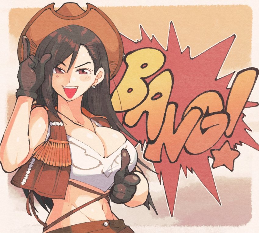1girl bang_(gesture) bare_shoulders black_hair breasts brown_gloves brown_hair brown_vest cleavage cowboy_hat cowgirl_(western) crop_top earrings final_fantasy final_fantasy_vii final_fantasy_vii_remake finger_gun gloves hat highres inkerton-kun jewelry large_breasts long_hair midriff navel nibelheim official_alternate_costume open_mouth red_eyes solo tifa_lockhart tifa_lockhart_(cowgirl) upper_body vest