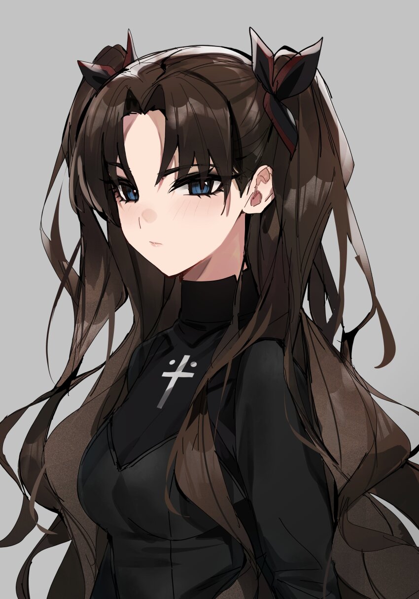 1girl absurdres black_hair black_ribbon black_sweater blue_eyes closed_mouth commentary cross cross_print english_commentary fate/extra fate/extra_record fate_(series) grey_background hair_ribbon highres kanniiepan latin_cross long_hair long_sleeves looking_at_viewer parted_bangs ribbon simple_background solo sweater tohsaka_rin tohsaka_rin_(fate/extra) turtleneck turtleneck_sweater two_side_up very_long_hair
