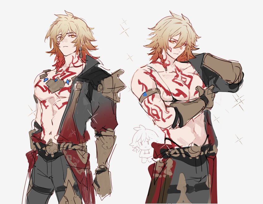1boy abs arm_tattoo armlet armor bikini black_coat blonde_hair braid chest_tattoo chibi clawed_gauntlets coat crossdressing dichlorvos earrings facial_tattoo gold_earrings gold_necklace gradient_hair hair_between_eyes highres honkai:_star_rail honkai_(series) jewelry male_focus medium_hair micro_bikini multicolored_hair multiple_views mydei_(honkai:_star_rail) necklace open_clothes open_coat pauldrons red_hair red_tattoo shoulder_armor side_braid simple_background single_pauldron swimsuit tattoo thong toned toned_male white_background yellow_eyes