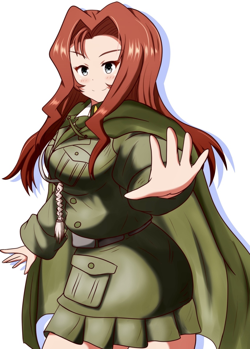 1girl bonple_military_uniform cape collared_shirt girls_und_panzer highres jacket long_hair maiko_(girls_und_panzer) meiya miniskirt red_hair school_uniform shirt skirt smile
