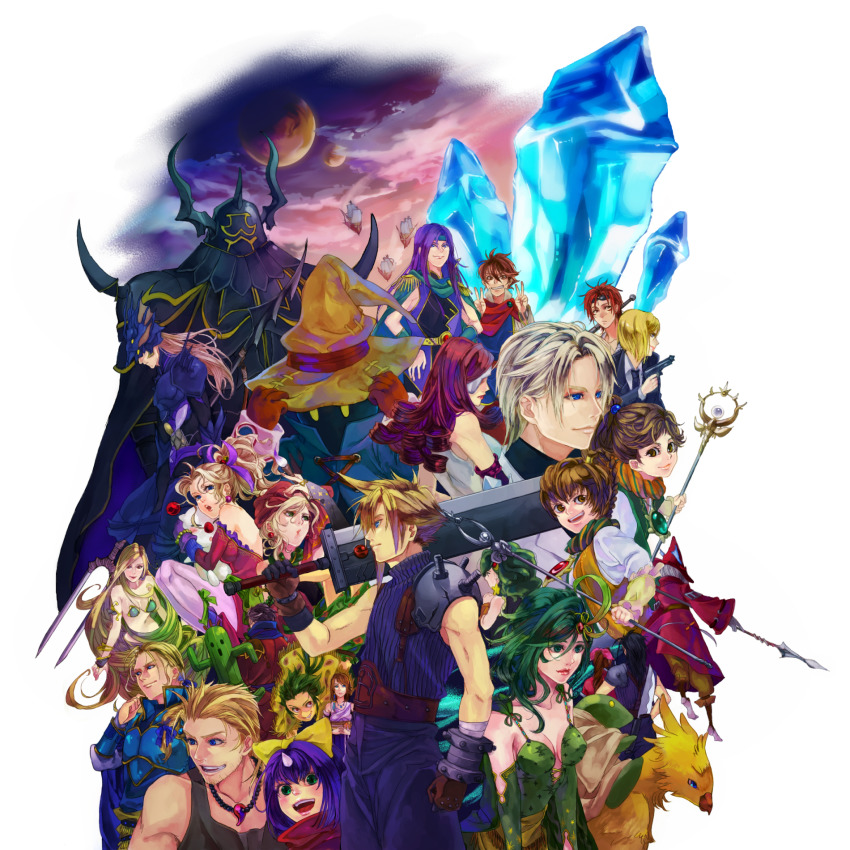aerith_gainsborough armor auron bandages barbariccia bartz_klauser beatrix belt blonde_hair blue_eyes blue_hair blue_pants blue_shirt breasts brown_eyes brown_hair buster_sword cain_highwind chocobo cleavage cloud_strife crossover curly_hair detached_sleeves dress edgar_roni_figaro eiko_carol elena_(ff7) eyepatch faris_scherwiz final_fantasy final_fantasy_iv final_fantasy_ix final_fantasy_v final_fantasy_vi final_fantasy_vii final_fantasy_x formal_clothes freija_crescent gau gloves goggles goggles_on_head golbez green_dress green_eyes green_hair gun hair_ornament halu-ca hat highres jewelry long_hair mog moogle multiple_boys multiple_girls muscular necklace palom pants pantyhose polearm ponytail porom purple_hair red_hair relm_arrowny reno_(ff7) ribbon rufus_shinra rydia_(ff4) sabin_rene_figaro sabotender shirt short_hair shoulder_armor spear spiked_hair square_enix staff suit suspenders tank_top tina_branford tonberry vivi_ornitier wavy_hair weapon wizard_hat yellow_eyes yuna_(ff10) zack_fair