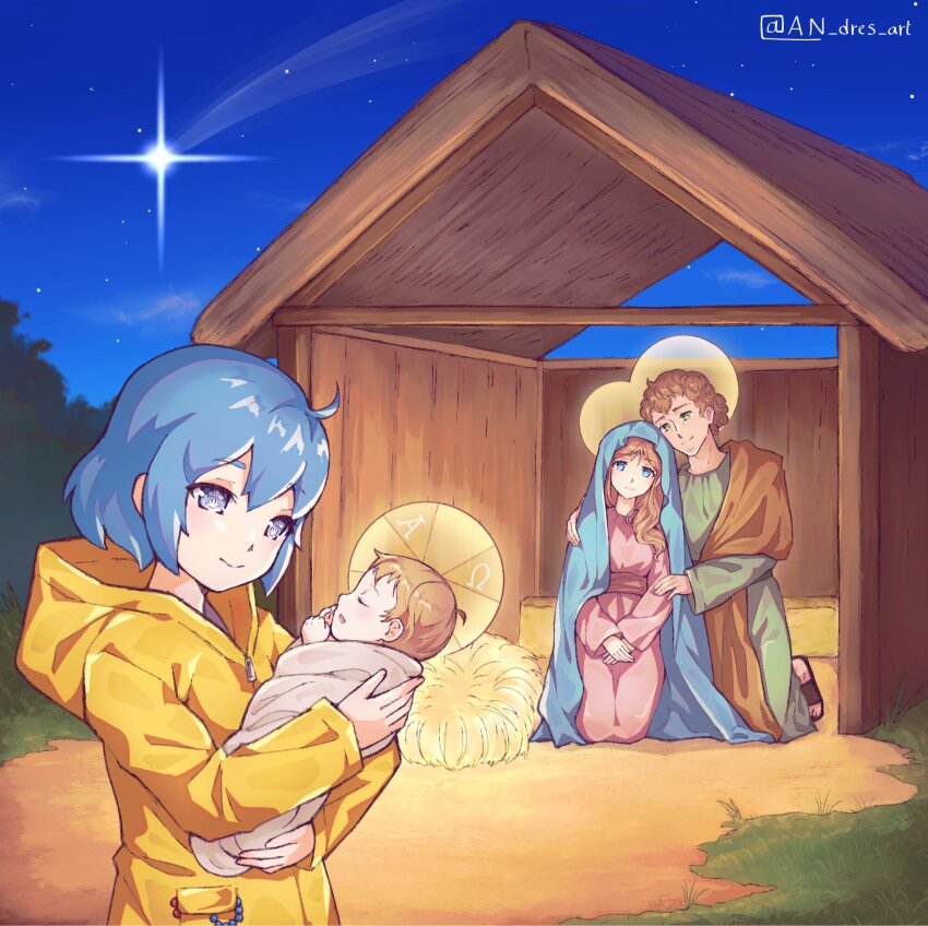 2boys 2girls an_dres_art artist_name baby bead_necklace beads blonde_hair blue_eyes blue_veil carrying_baby carrying_person closed_eyes coat commentary crib english_commentary falling_star halo hay highres hood hood_down hooded_coat jesus jewelry jubilee_2025 kneeling luce_(jubilee_2025) multiple_boys multiple_girls necklace outdoors raincoat rosary saint_joseph sandals short_hair smile stable symbol-shaped_pupils the_bible traditional_halo twitter_username unworn_jewelry unworn_necklace veil virgin_mary yellow_coat yellow_halo yellow_raincoat