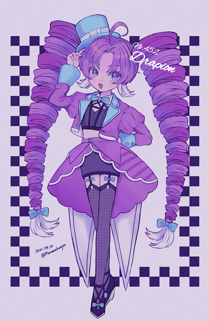 1girl absurdres adjusting_clothes adjusting_headwear ahoge arm_up black_footwear black_thighhighs blue_bow blue_hat blush bow character_name drapion drill_hair fang full_body garter_straps gen_4_pokemon hair_bow hat high_heels highres long_hair long_sleeves looking_at_viewer multicolored_hair narumame nintendo open_mouth personification pokemon purple_hair smile solo thighhighs top_hat twin_drills unmoving_pattern very_long_hair white_hair