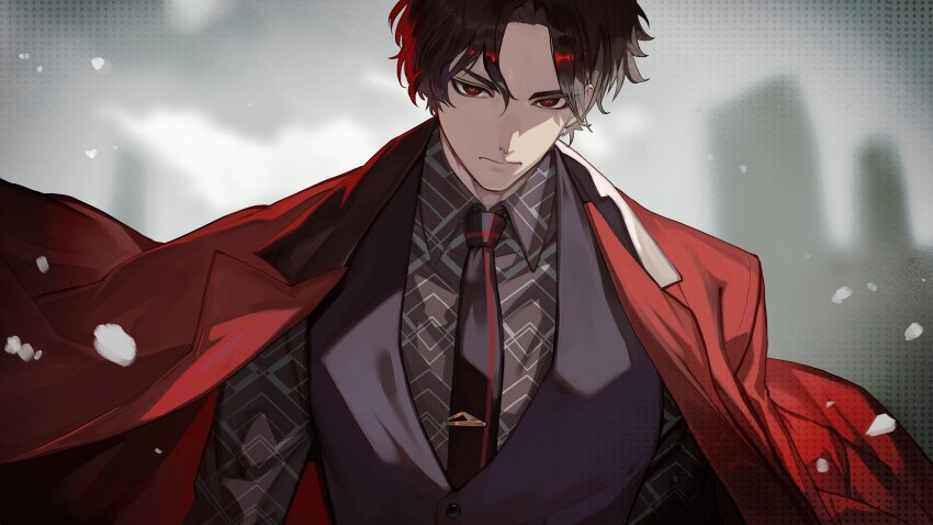 1boy black_hair black_necktie black_shirt black_vest blurry blurry_background break_my_case building closed_mouth cloud coat coat_on_shoulders collared_shirt falling_petals grey_sky highres kosaka_ai lack long_sleeves male_focus necktie parted_bangs patterned_clothing petals red_coat red_eyes serious shirt sky solo tie_clip upper_body v-shaped_eyebrows vest