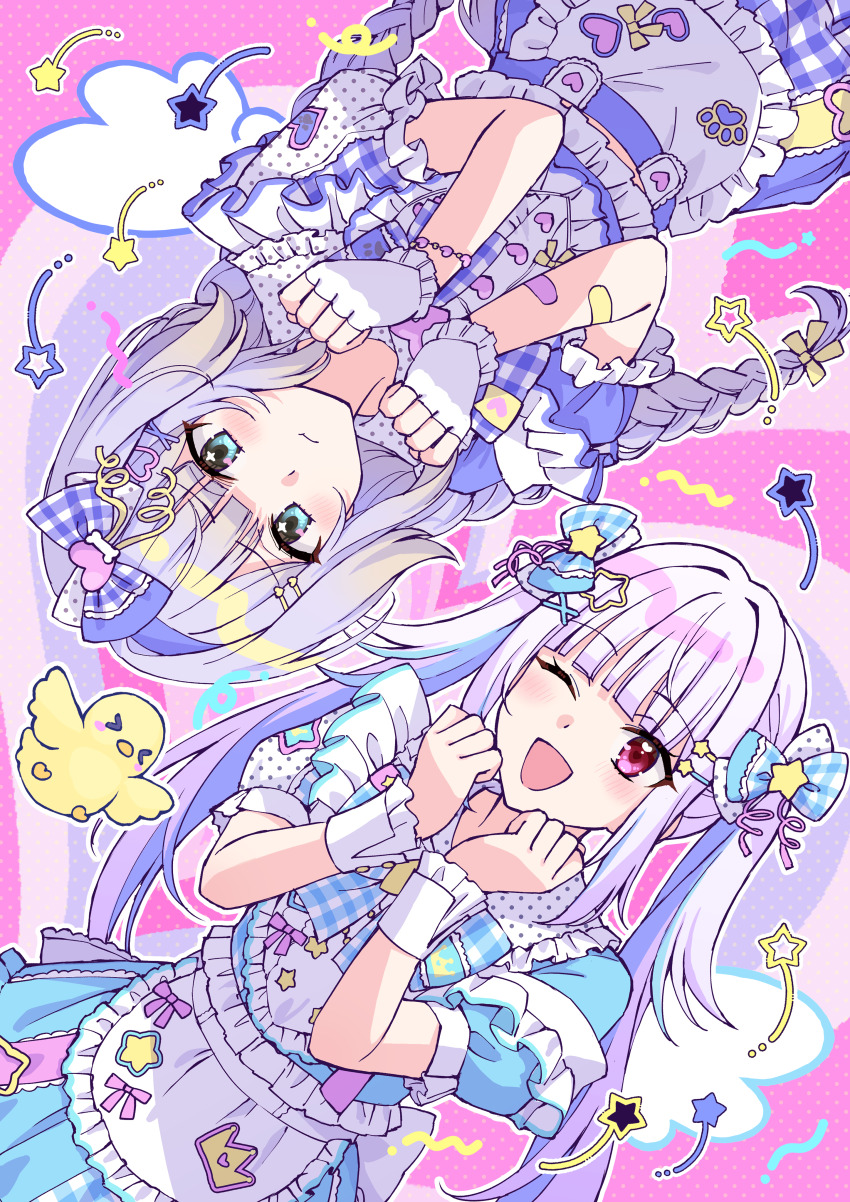 &gt;_&lt; 2girls :t ;d absurdres animal baby_animal bandaid bandaid_on_arm bird blue_eyes blue_hair blue_shirt blue_skirt blush_stickers bow braid chick clenched_hands closed_eyes closed_mouth collared_shirt commentary_request fingerless_gloves frilled_shirt_collar frills gloves grey_hair hair_bow hair_ornament hands_up highres lize_helesta long_hair low_twintails multicolored_hair multiple_girls nijisanji official_alternate_costume one_eye_closed open_mouth plaid_bow plaid_clothes plaid_skirt pleated_skirt polka_dot pout puffy_short_sleeves puffy_sleeves purple_shirt red_eyes rotational_symmetry sebastian_piyodore shioriha_ruri shirt short_sleeves skirt smile somechime_(sometime1209) star_(symbol) star_hair_ornament twin_braids twintails two-tone_hair very_long_hair virtual_youtuber white_gloves wrist_cuffs x_hair_ornament