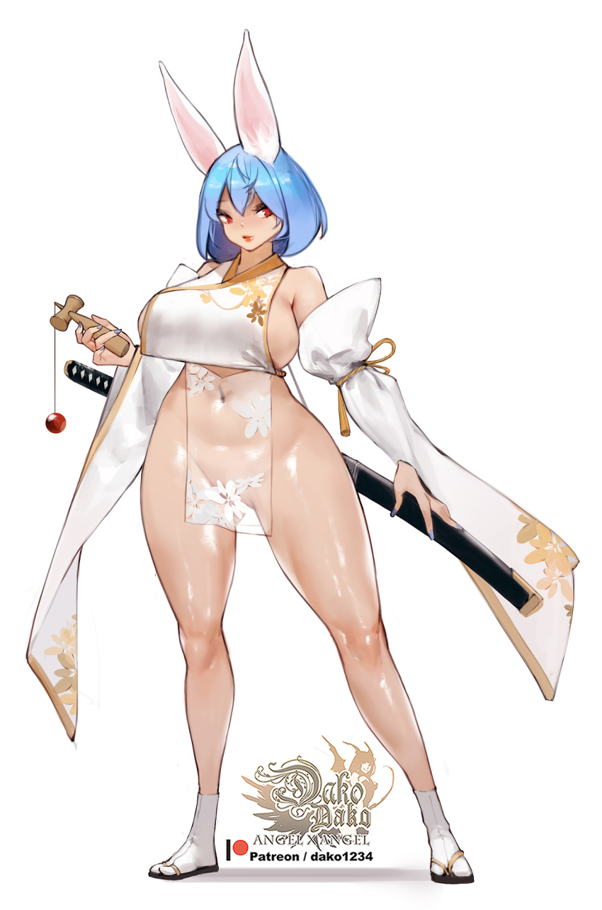 1girl animal_ears bellybutton_visible_through_clothes blue_hair breasts chinese_clothes crop_top detached_sleeves highres hu_dako knees large_breasts looking_at_viewer navel original pelvic_curtain rabbit_ears red_eyes sandals scabbard see-through_clothes sheath short_hair sideboob socks standing sword thick_thighs thighs toy weapon