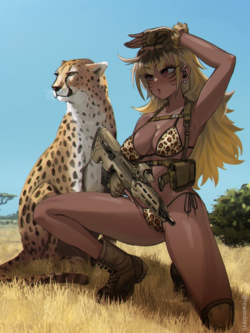 1girl animal_print arm_up armpits bikini boots breasts cheetah leopard_print cleavage dark_skin earrings facial_tattoo fingerless_gloves gloves gun highres holding holding_gun holding_weapon jewelry large_breasts long_hair nail_polish original print_bikini reze_(rewindze) solo swimsuit tattoo twitter_username weapon