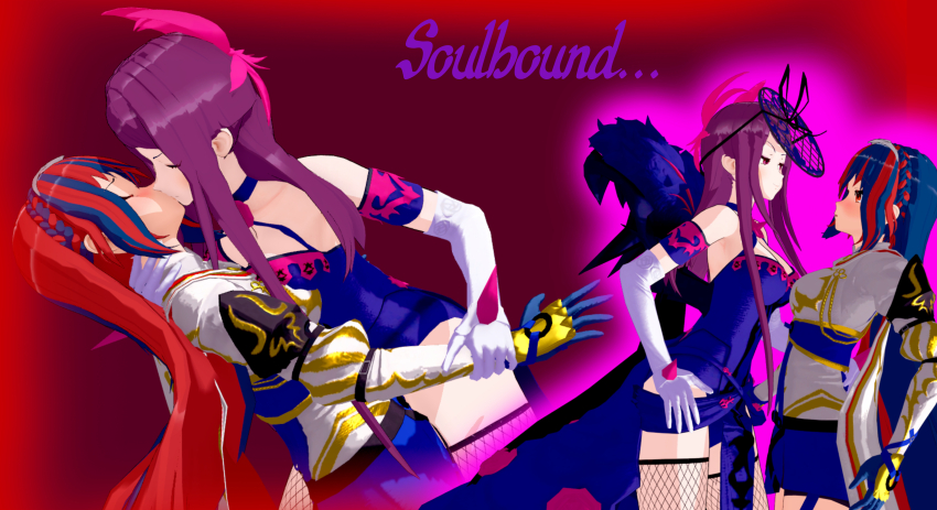 2girls 3d absurdres artist_request assertive_female blue_hair breasts cleavage english_text female_alear_(fire_emblem) fire_emblem fire_emblem_engage highres ivy_(fire_emblem) kiss large_breasts leaning_back leaning_forward long_hair medium_breasts multicolored_hair multiple_girls nintendo non-web_source red_hair very_long_hair yuri