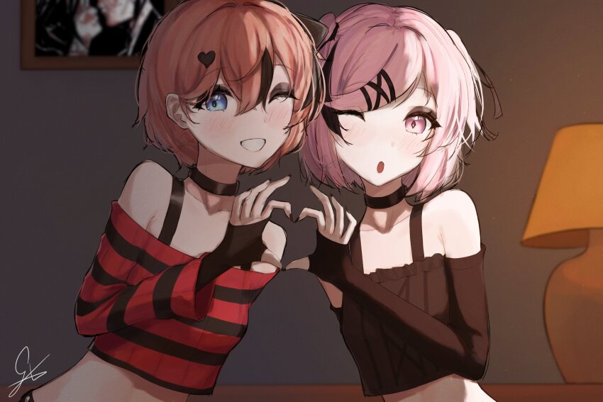 2girls black_choker black_eyeshadow black_gloves blue_eyes borrowed_design bra_strap choker crop_top doki_doki_literature_club eyeshadow fingerless_gloves gianxander gloves goth_fashion grin highres indoors long_sleeves looking_at_viewer makeup midriff multiple_girls natsuki_(doki_doki_literature_club) off-shoulder_shirt off_shoulder one_eye_closed open_mouth pink_eyes pink_hair sayori_(doki_doki_literature_club) shirt short_hair smile striped_clothes striped_shirt upper_body