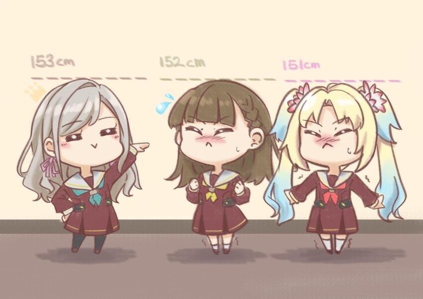 3girls :&gt; :&lt; :c =_= aqua_neckerchief arm_up black_pantyhose blonde_hair blue_hair blush braid brown_dress brown_hair brown_shoes center-flap_bangs ceras_yanagida_lilienfeld chibi chibi_only clenched_hands closed_mouth commentary dotted_line drawn_crown dress flower flying_sweatdrops gradient_hair grey_hair hair_flower hair_ornament hair_ribbon hand_on_own_hip hasu_no_sora_school_uniform height height_connection height_conscious height_envy highres kachimachi_kosuzu kneehighs link!_like!_love_live! long_hair long_sleeves love_live! matsurugi_tsukasa medium_dress multicolored_hair multiple_girls neckerchief nose_blush osawa_rurino outstretched_arm outstretched_arms pantyhose pink_flower pink_ribbon pleated_dress red_neckerchief ribbon sailor_collar sailor_dress school_uniform shadow shoes side_ahoge side_braids single_hair_intake smile smug socks swept_bangs tiptoes twintails two-tone_hair v-shaped_eyebrows v-shaped_eyes virtual_youtuber wavy_hair white_sailor_collar white_socks winter_uniform yellow_neckerchief