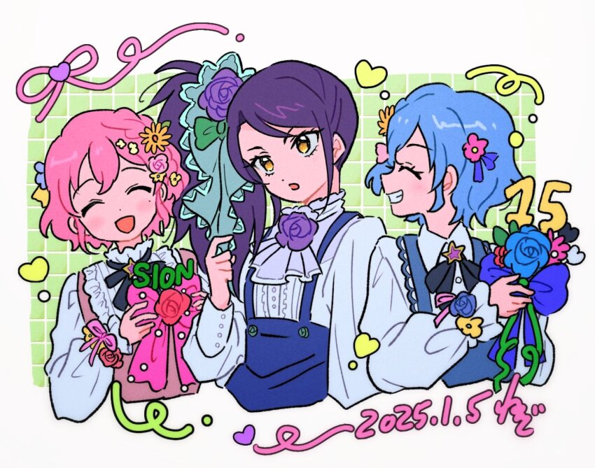 1boy 2girls :d blue_flower blue_hair blue_rose blush braid brother_and_sister center_frills character_name closed_eyes collared_shirt commentary cropped_torso dated dorothy_west flower frills hair_flower hair_ornament long_hair long_sleeves mole mole_under_eye multiple_girls open_mouth pink_hair pretty_series pripara profile purple_flower purple_hair purple_rose reona_west rituyama1 rose shirt short_hair siblings side_braid smile toudou_shion trap twins upper_body white_shirt yellow_eyes