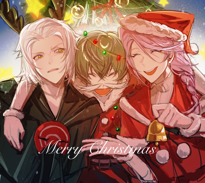 3boys :d ^_^ absurdres arm_around_shoulder baobing bell black_capelet black_shirt braid brown_hair capelet chinese_commentary closed_eyes commentary_request emet-selch english_text fake_facial_hair fake_mustache final_fantasy final_fantasy_xiv fur-trimmed_capelet fur-trimmed_jacket fur_trim hair_between_eyes hat highres holding holding_bell hythlodaeus jacket long_hair male_focus merry_christmas multiple_boys open_mouth red_capelet red_hat red_jacket santa_hat shirt short_hair side_braid single_braid smile teeth upper_teeth_only warrior_of_light_(ff14) white_hair yellow_eyes