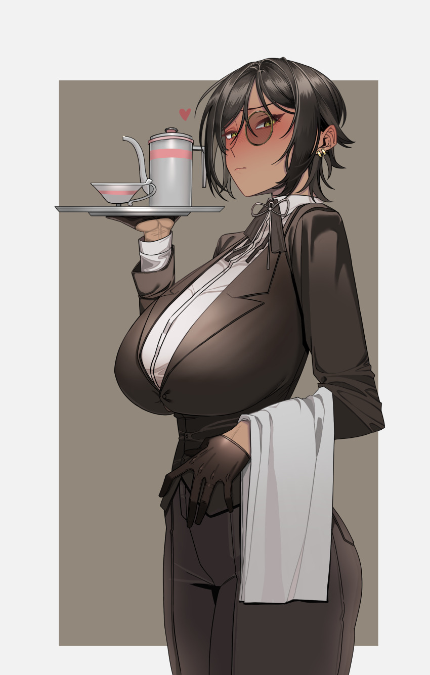 1girl absurdres alternate_costume black_gloves black_hair black_jacket black_pants blush breasts butler crossdressing cup dark-skinned_female dark_skin earrings female_butler gloves highres huge_breasts impossible_clothes jacket jewelry limbus_company looking_at_viewer mature_female outis_(project_moon) pants project_moon rhlatm round_eyewear shirt short_hair simple_background solo sunglasses teacup teapot two-tone_background white_shirt