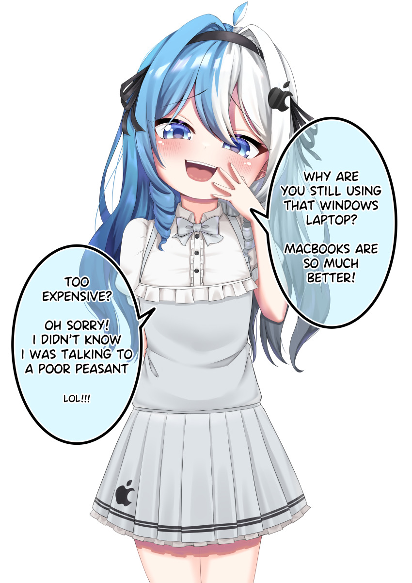 1girl absurdres apple apple_inc. blue_hair dress drill_hair english_text flat_chest food fruit hair_between_eyes highres macintosh mesugaki nomorakazu original os-tan simple_background skirt smug speech_bubble tagme white_background white_hair