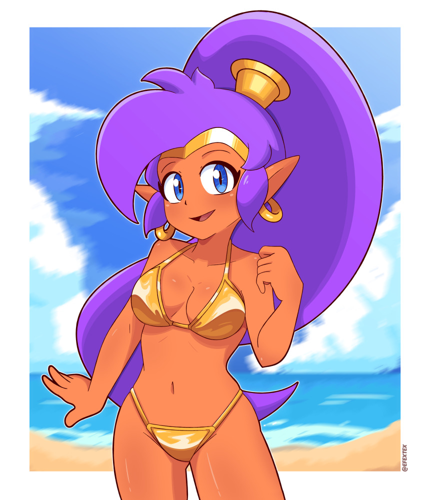 1girl beach bikini blue_eyes blush breasts cleavage cloud collarbone dark_skin earrings efextex gold_bikini golden_week golden_week_bikini hoop_earrings jewelry long_hair looking_at_viewer medium_breasts navel ocean open_mouth pointy_ears ponytail purple_hair sand shantae shantae_(series) sky smile standing swimsuit tiara water wayforward
