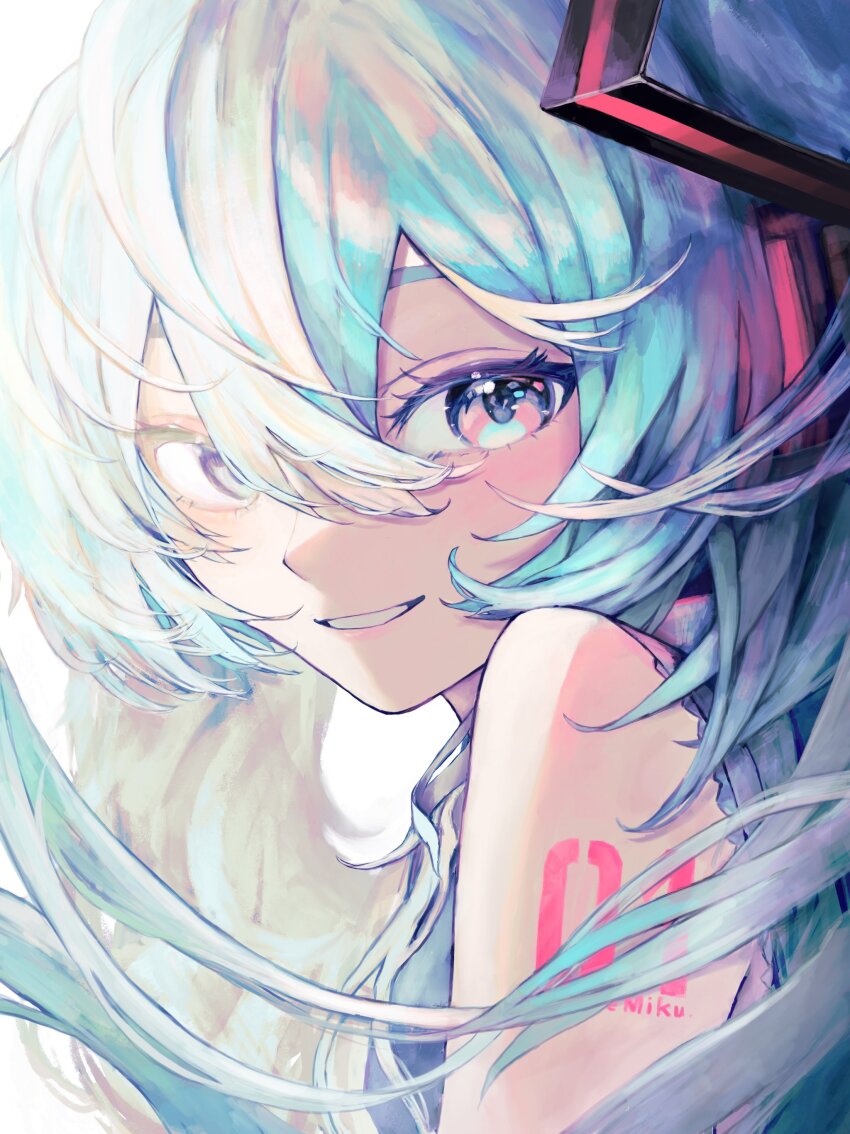 1girl absurdres aqua_eyes aqua_hair bare_shoulders character_name collared_shirt colored_eyelashes colorful commentary_request from_side hair_between_eyes hatsune_miku headphones headset highres long_hair looking_at_viewer lui_n24 parted_lips portrait shirt shoulder_tattoo sideways_glance simple_background sleeveless sleeveless_shirt smile solo tattoo teeth twintails very_long_hair vocaloid white_background