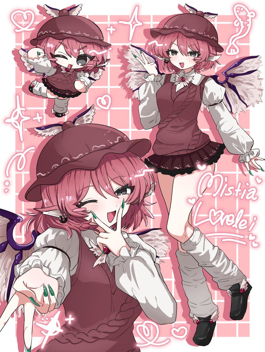 1girl :d ;d absurdres animal_ear_piercing animal_ears arm_up bird_ears bird_wings black_eyes black_shoes black_skirt brown_hat brown_sweater_vest character_name chibi collared_shirt commentary commission double-parted_bangs fang fingernails full_body green_nails hair_between_eyes hat heart highres juliet_sleeves leg_warmers loafers long_sleeves looking_at_viewer mob_cap multiple_views mystia_lorelei one_eye_closed open_mouth oyatu_yatu pink_background pink_hair puffy_sleeves sharp_fingernails shirt shoes short_hair skeb_commission skirt smile standing standing_on_one_leg sweater_vest touhou upper_body v white_shirt winged_hat winged_shoes wings