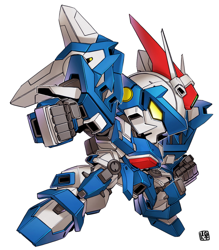 ashsaviour clenched_hands full_body funnels_(gundam) glowing glowing_eyes highres horns mecha nakano_haito no_humans personal_trooper_(mecha) robot science_fiction single_horn solo super_robot_wars super_robot_wars_advance super_robot_wars_original_generation v-fin weapon yellow_eyes