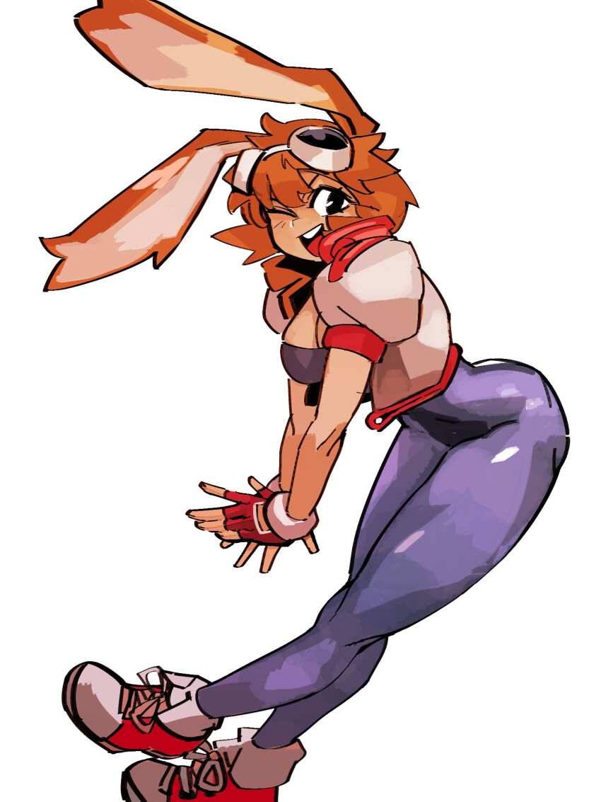 1girl black_eyes breasts brown_hair cleavage fingerless_gloves gloves goggles goggles_on_head green_eyes highres jacket large_breasts leaning_forward legs looking_at_viewer makihara_arina one_eye_closed open_clothes open_jacket open_mouth rabbit_ears rabbit_girl shoes short_hair smile sneakers solo teeth thighs tongue unitard waku_waku_7 wink