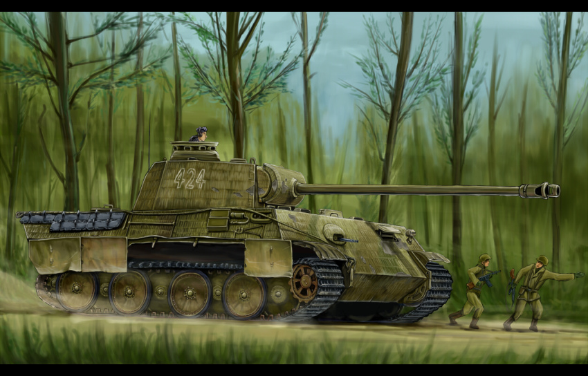 3boys assault_rifle black_border border dust forest grass gun holding holding_gun holding_weapon kcme military military_vehicle motor_vehicle multiple_boys nature original panther_(tank) pointing rifle soldier stg44 tank tree vehicle_focus weapon wehrmacht world_war_ii