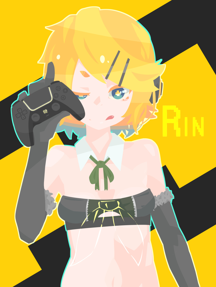 1girl :q absurdres black_background black_gloves black_tube_top blonde_hair blue_eyes breasts character_name closed_mouth collar commentary_request controller cross-shaped_pupils detached_collar dualsense elbow_gloves fur-trimmed_gloves fur_trim game_controller gloves green_ribbon hair_ornament hairclip hara_id_21 highres holding holding_controller holding_game_controller kagamine_rin looking_at_viewer neck_ribbon no_lineart parallel_hairclips playstation_controller ribbon short_hair small_breasts smile solo strapless swept_bangs symbol-shaped_pupils tongue tongue_out tube_top two-tone_background uneven_eyes upper_body vocaloid white_collar yellow_background