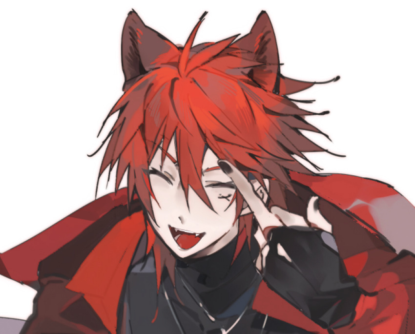 1boy animal_ears antenna_hair arknights black_gloves black_nails black_shirt chiave_(arknights) chinese_commentary closed_eyes commentary_request facial_mark fangs fingerless_gloves fox_ears gloves hair_between_eyes jacket long_sleeves male_focus middle_finger open_clothes open_jacket open_mouth portrait red_hair red_jacket shirt short_hair simple_background smile solo tie_fei_wu_mang_dashuai turtleneck v-shaped_eyebrows white_background x x_facial_mark