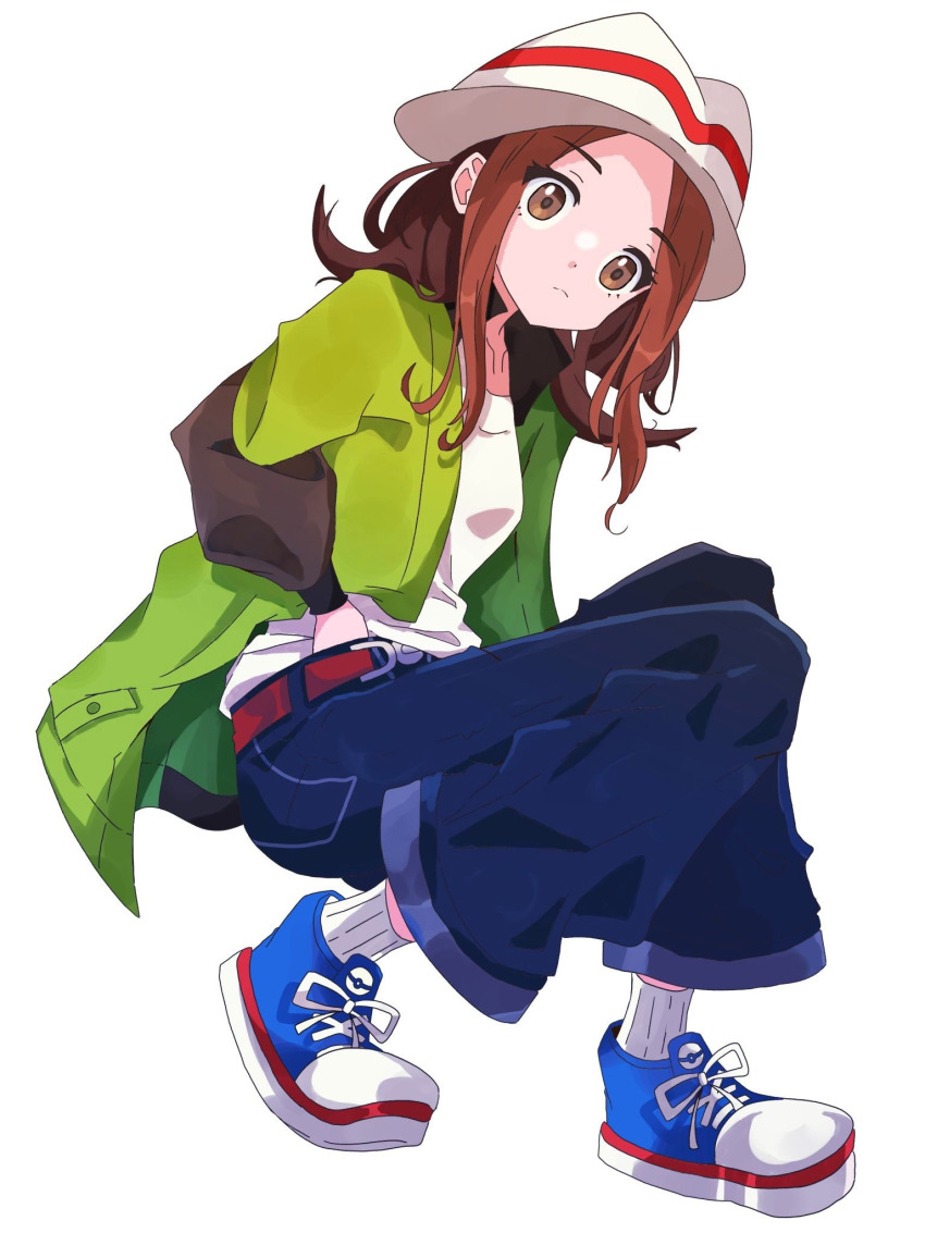 1girl amanotti_01 bell-bottoms brown_eyes brown_hair closed_mouth full_body green_jacket hand_in_pants hand_under_clothes harmony_(pokemon) hat highres jacket long_hair looking_at_viewer nintendo open_clothes open_jacket pants parted_bangs pokemon pokemon_legends:_z-a ribbed_socks shoes sneakers socks solo squatting striped_hat white_hat