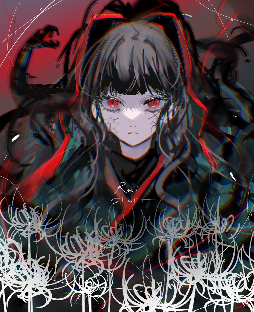 1girl absurdres azami_(kagerou_project) bearo black_hair black_jacket black_kimono blunt_bangs blurry chromatic_aberration closed_mouth commentary english_text eyelashes flower glaring gradient_background grey_background highres jacket japanese_clothes kagerou_project kimono light_frown limited_palette long_hair looking_at_viewer open_mouth pale_skin red_background red_eyes red_ribbon red_trim ribbon sanpaku scales serious sketch slit_pupils snake solo spider_lily split_mouth straight-on string tsurime upper_body wavy_hair white_flower white_spider_lily