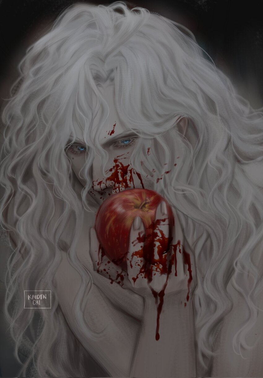 1boy alternate_hair_length alternate_hairstyle androgynous apple artist_name blood blood_on_face blood_on_hands blue_eyes colored_eyelashes commentary curtained_hair english_commentary food fruit highres holding holding_food holding_fruit kaidenchii looking_down male_focus millions_knives nude solo trigun trigun_maximum upper_body wavy_hair white_hair