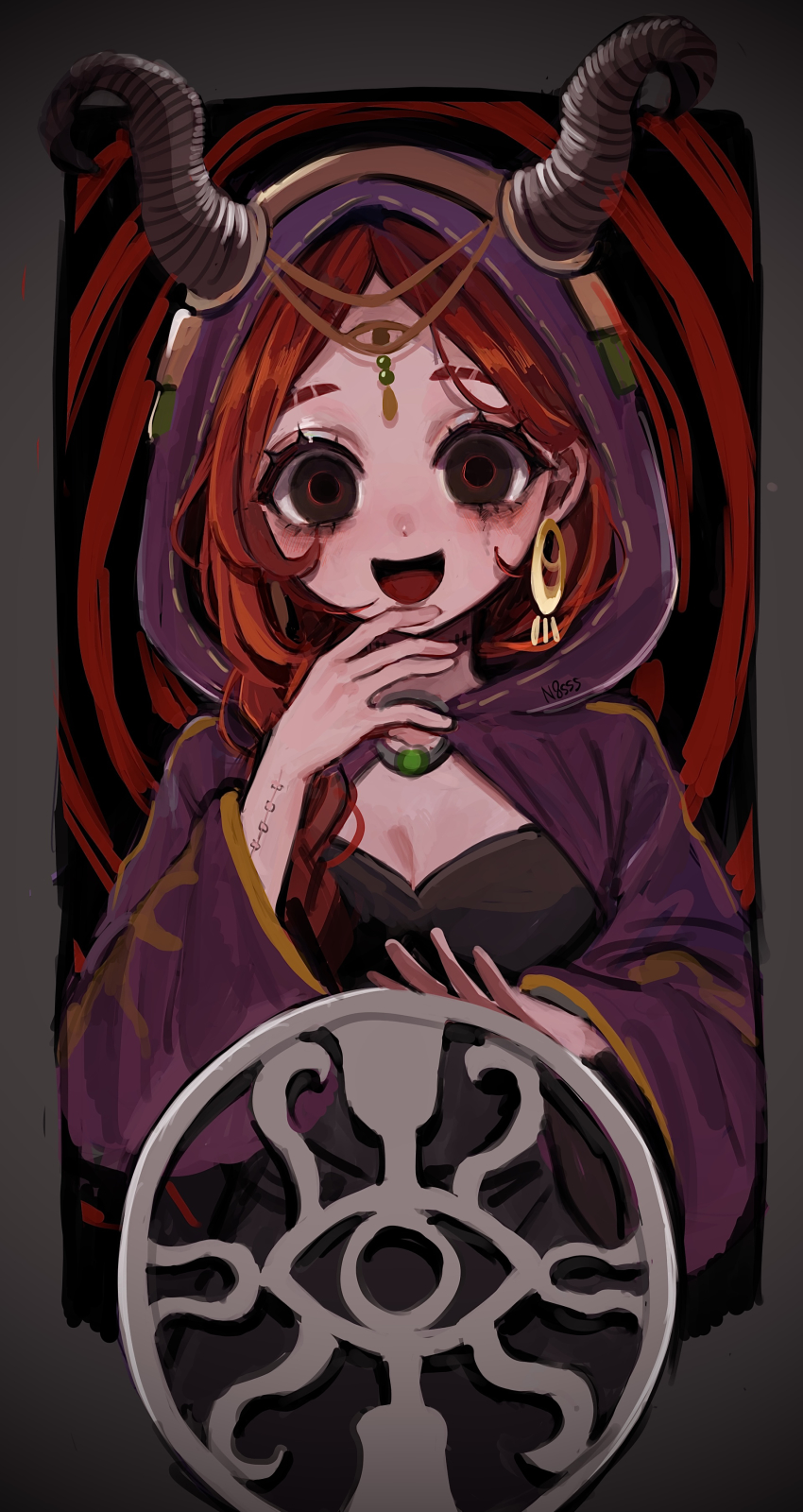1girl :d absurdres artist_name black_dress braid braided_ponytail breasts cleavage cloak dress earrings empty_eyes fiona_gilman hair_over_shoulder head_tilt highres hoge_(n8sss) hood hood_up hooded_cloak horns identity_v jewelry long_hair open_mouth red_hair single_braid smile solo stitched_neck stitches wide_sleeves